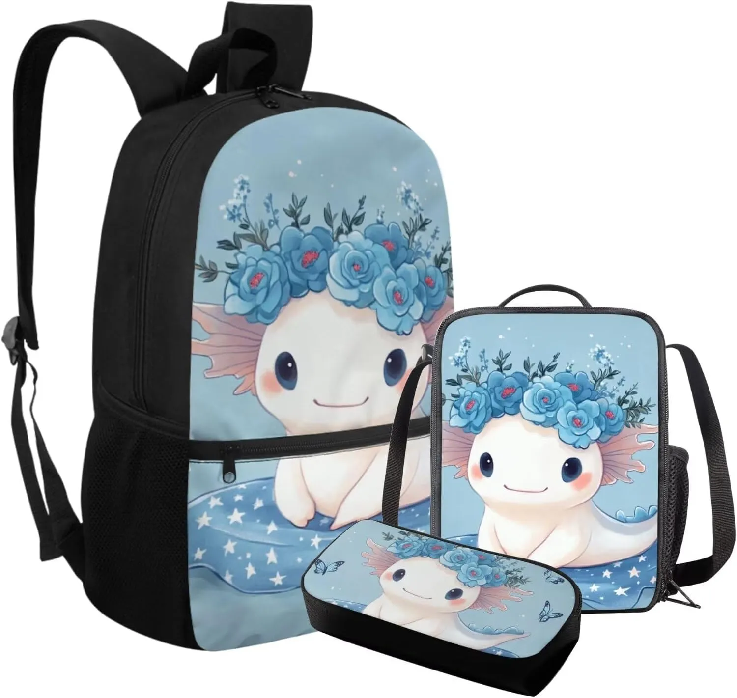 FOR U DESIGNS Axolotl Backpack for Kids 5th Grade Girls School Bag Set Large Capacity Kindergarten Elementary Girl Bookbag Set 3 Pcs Kids Book Bags for Girls 9-12 Back Pack