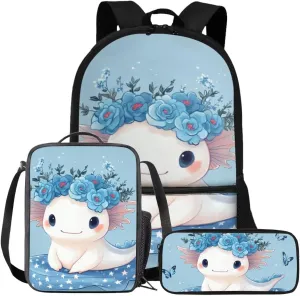FOR U DESIGNS Axolotl Backpack for Kids 5th Grade Girls School Bag Set Large Capacity Kindergarten Elementary Girl Bookbag Set 3 Pcs Kids Book Bags for Girls 9-12 Back Pack