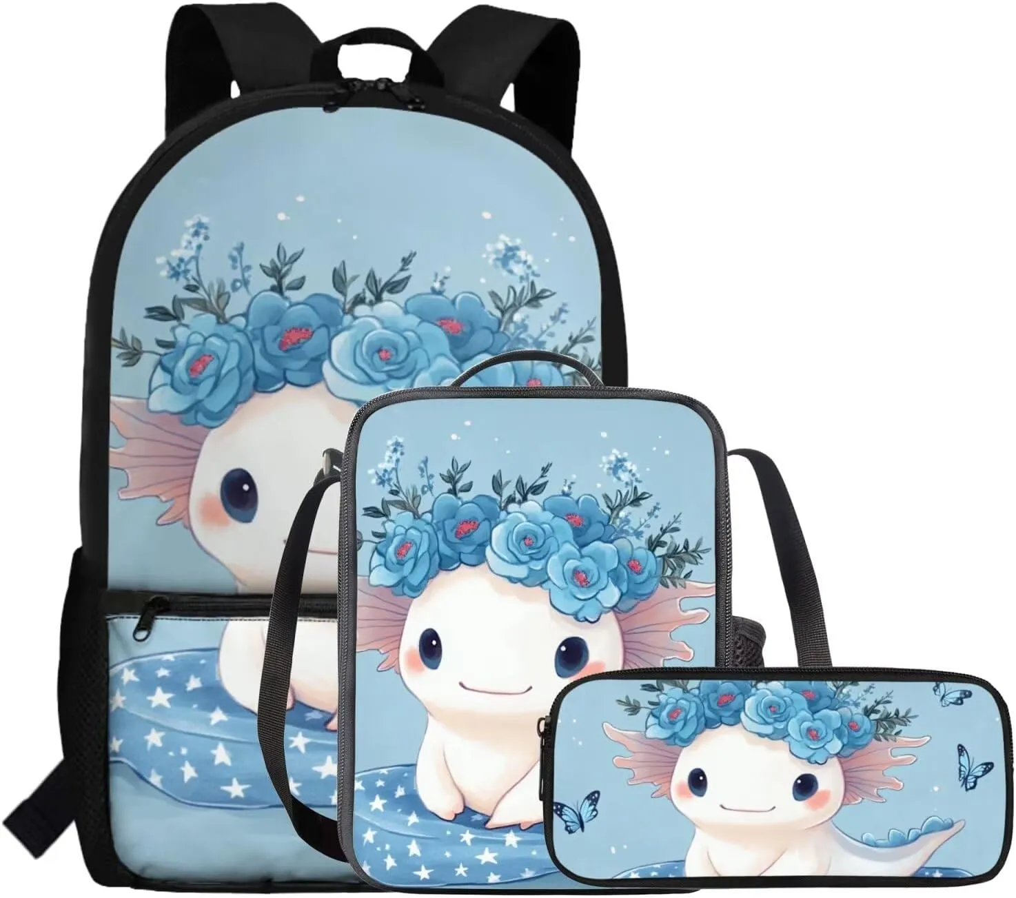 FOR U DESIGNS Axolotl Backpack for Kids 5th Grade Girls School Bag Set Large Capacity Kindergarten Elementary Girl Bookbag Set 3 Pcs Kids Book Bags for Girls 9-12 Back Pack