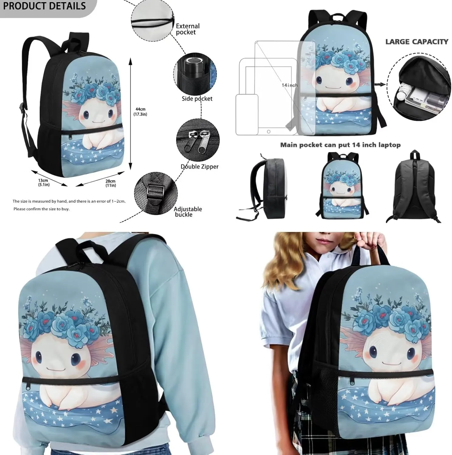 FOR U DESIGNS Axolotl Backpack for Kids 5th Grade Girls School Bag Set Large Capacity Kindergarten Elementary Girl Bookbag Set 3 Pcs Kids Book Bags for Girls 9-12 Back Pack