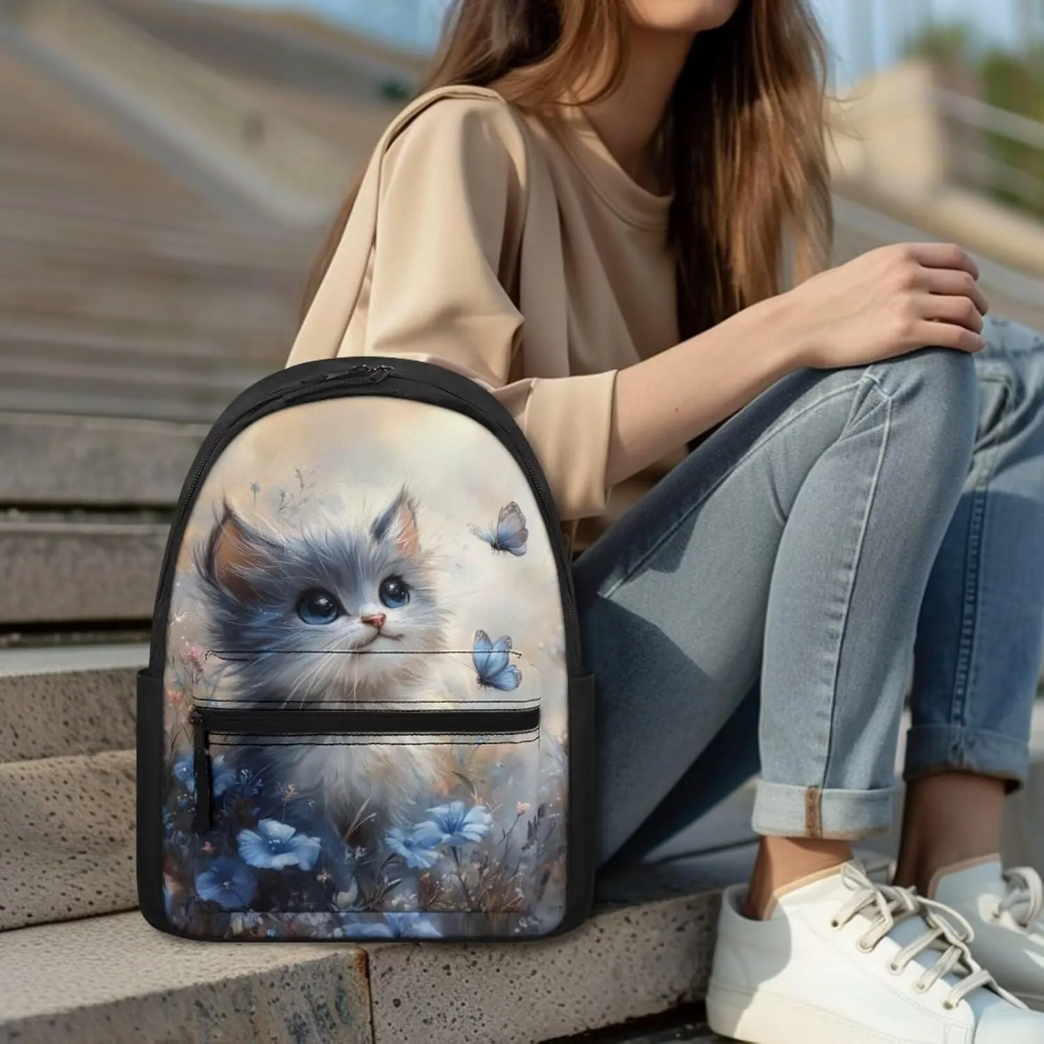 FOR U DESIGNS Backpack for Girls Kindergarten Elementary School Bag Grade 1 Kawaii Lightweight Cat Backpack for School Butterfly Bookbag Ages 6-8 Blue Travel Daypack