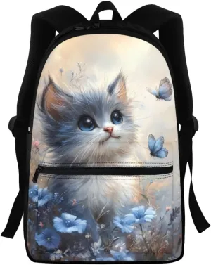 FOR U DESIGNS Backpack for Girls Kindergarten Elementary School Bag Grade 1 Kawaii Lightweight Cat Backpack for School Butterfly Bookbag Ages 6-8 Blue Travel Daypack
