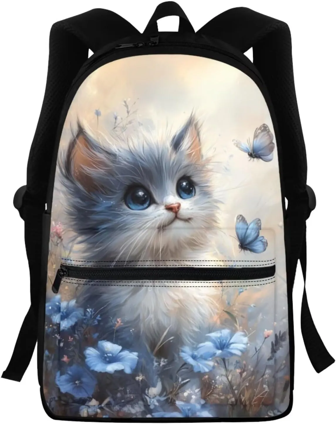 FOR U DESIGNS Backpack for Girls Kindergarten Elementary School Bag Grade 1 Kawaii Lightweight Cat Backpack for School Butterfly Bookbag Ages 6-8 Blue Travel Daypack