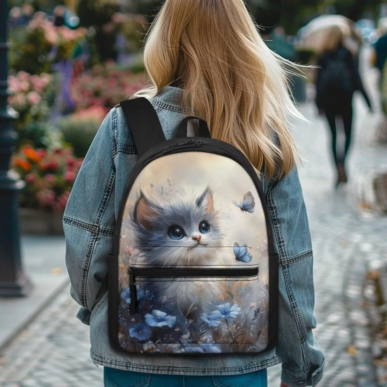 FOR U DESIGNS Backpack for Girls Kindergarten Elementary School Bag Grade 1 Kawaii Lightweight Cat Backpack for School Butterfly Bookbag Ages 6-8 Blue Travel Daypack