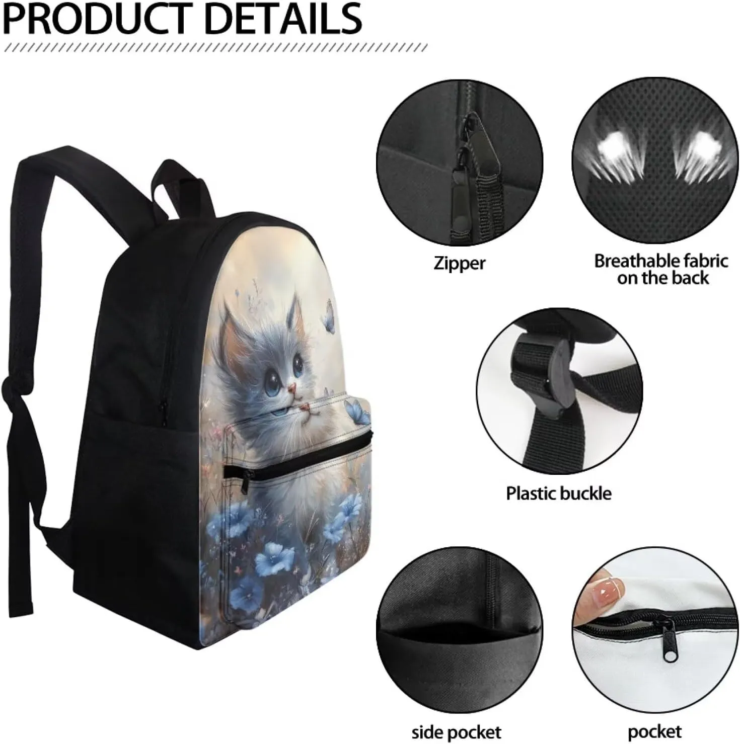 FOR U DESIGNS Backpack for Girls Kindergarten Elementary School Bag Grade 1 Kawaii Lightweight Cat Backpack for School Butterfly Bookbag Ages 6-8 Blue Travel Daypack