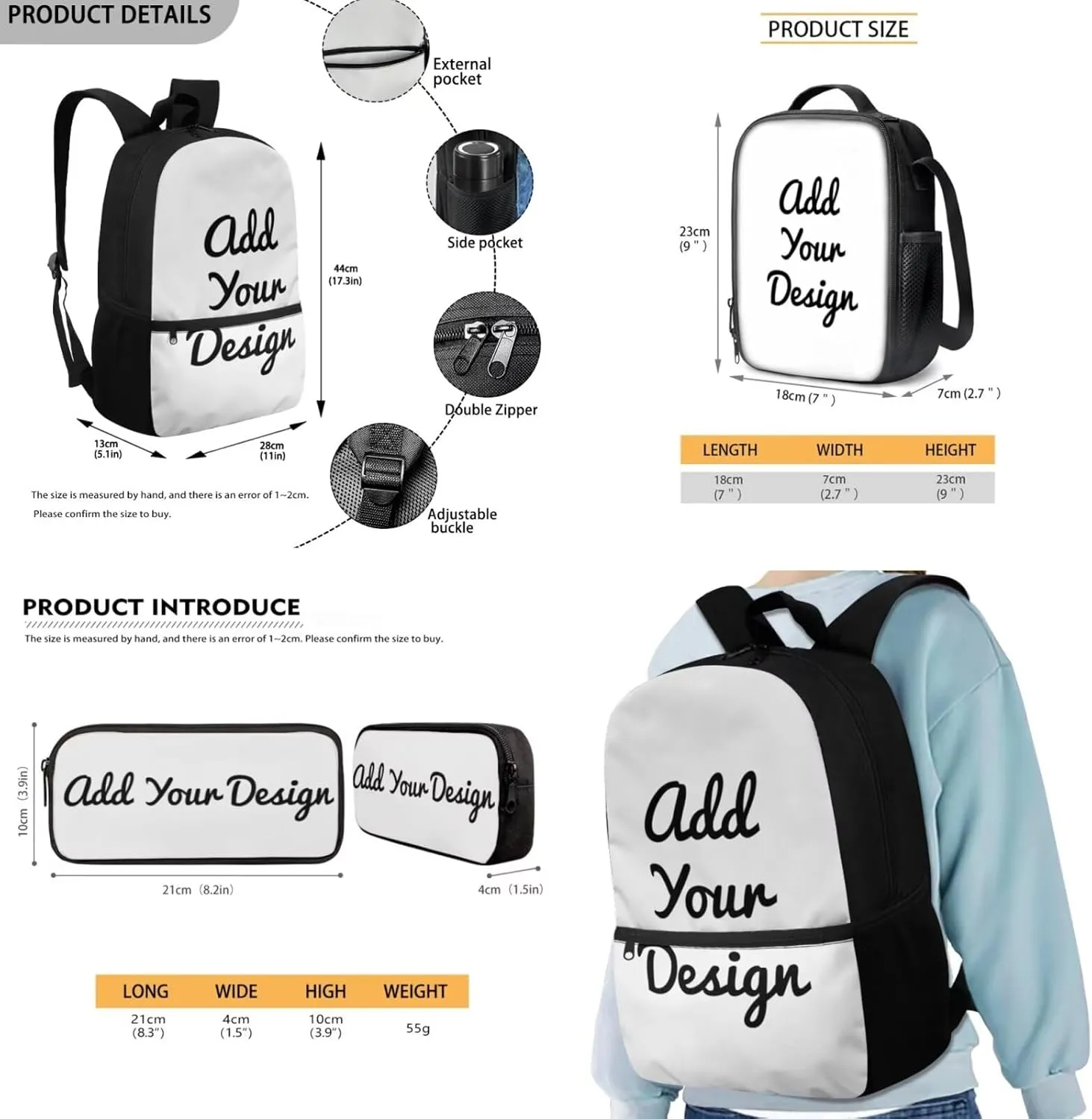 FOR U DESIGNS Custom Backpack School 3 in 1 Girls Personalized Bookbags Ages 9-12 Large Capacity 4th Grade School Bag Lunch Box Set Lightweight 17 Inch Back Pack