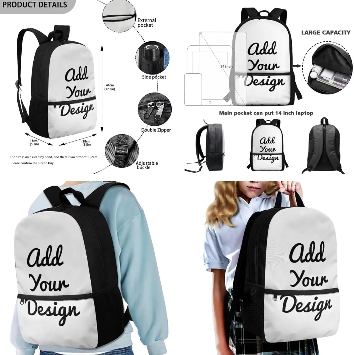 FOR U DESIGNS Custom Backpack School 3 in 1 Girls Personalized Bookbags Ages 9-12 Large Capacity 4th Grade School Bag Lunch Box Set Lightweight 17 Inch Back Pack