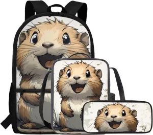 FOR U DESIGNS Cute Capybara Backpack for School 3 Piece Bookbag for Girls 7-8 Large Capacity 2nd Grade School Bag with Lunch Bag Set Lightweight 17 Inch School Supplies