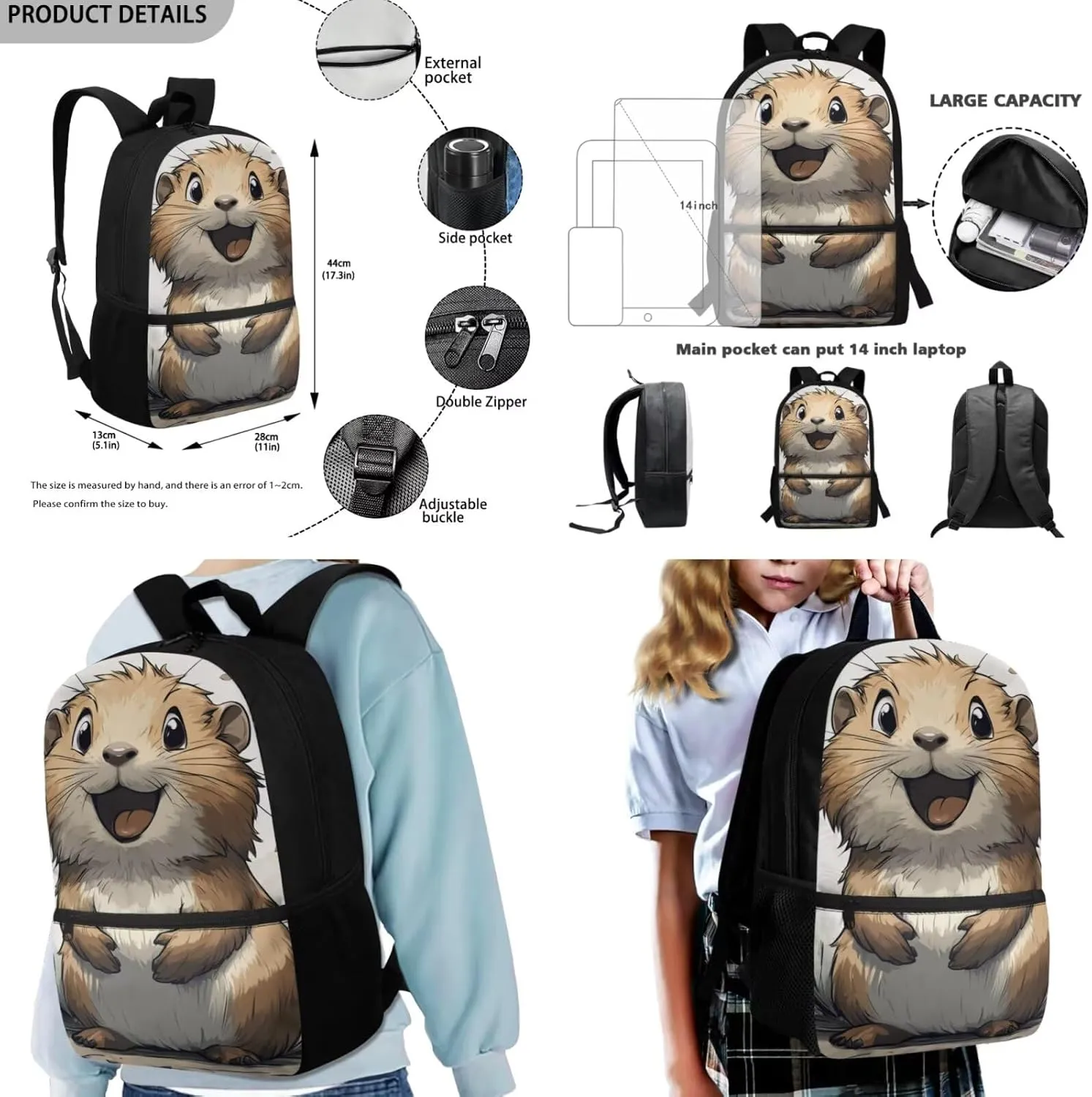 FOR U DESIGNS Cute Capybara Backpack for School 3 Piece Bookbag for Girls 7-8 Large Capacity 2nd Grade School Bag with Lunch Bag Set Lightweight 17 Inch School Supplies