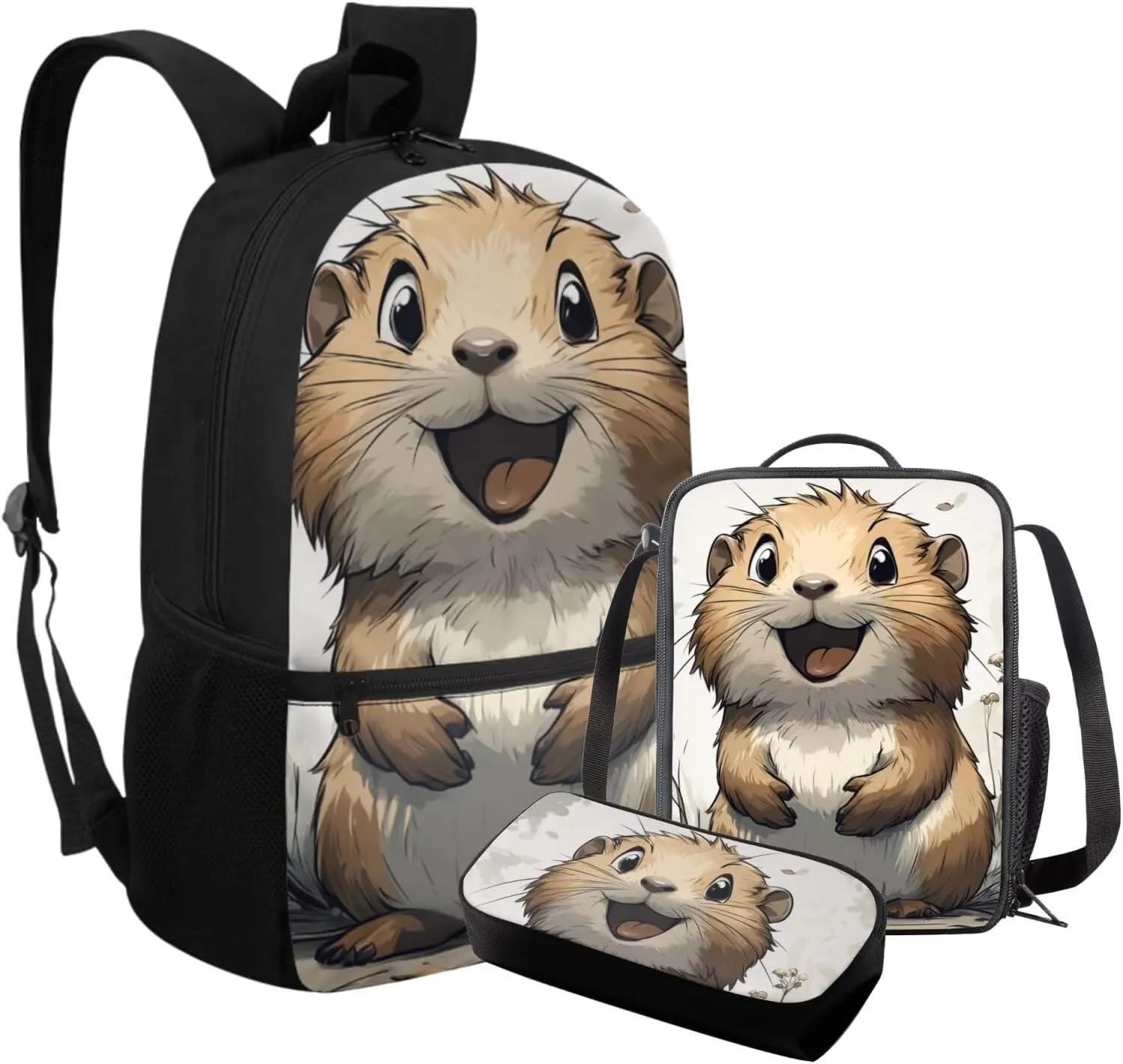 FOR U DESIGNS Cute Capybara Backpack for School 3 Piece Bookbag for Girls 7-8 Large Capacity 2nd Grade School Bag with Lunch Bag Set Lightweight 17 Inch School Supplies