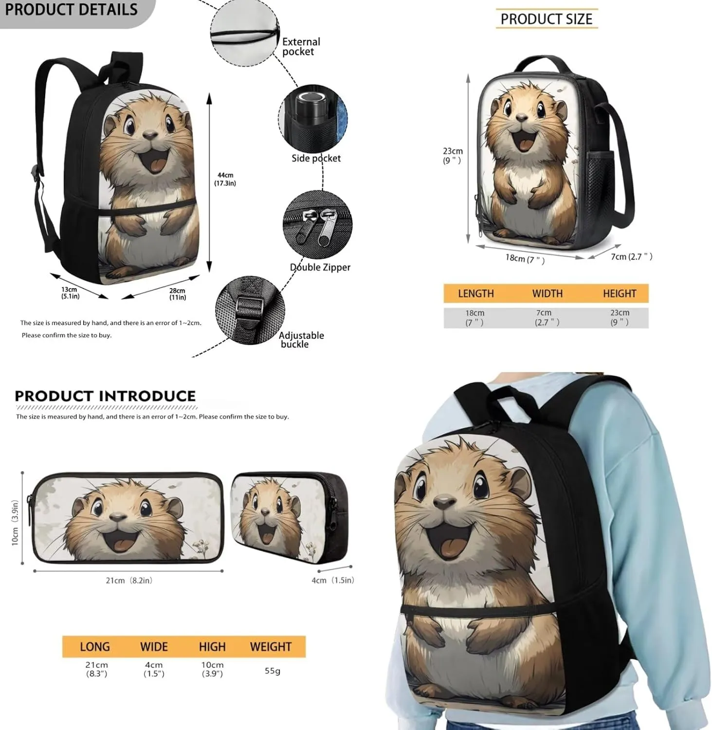 FOR U DESIGNS Cute Capybara Backpack for School 3 Piece Bookbag for Girls 7-8 Large Capacity 2nd Grade School Bag with Lunch Bag Set Lightweight 17 Inch School Supplies