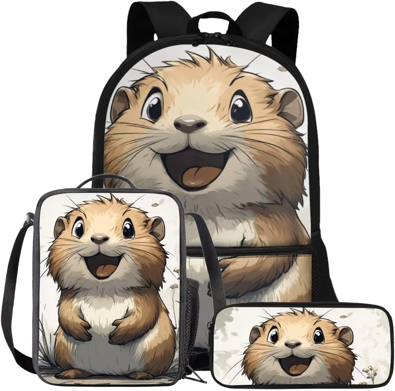 FOR U DESIGNS Cute Capybara Backpack for School 3 Piece Bookbag for Girls 7-8 Large Capacity 2nd Grade School Bag with Lunch Bag Set Lightweight 17 Inch School Supplies