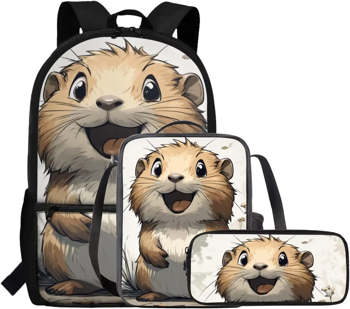 FOR U DESIGNS Cute Capybara Backpack for School 3 Piece Bookbag for Girls 7-8 Large Capacity 2nd Grade School Bag with Lunch Bag Set Lightweight 17 Inch School Supplies