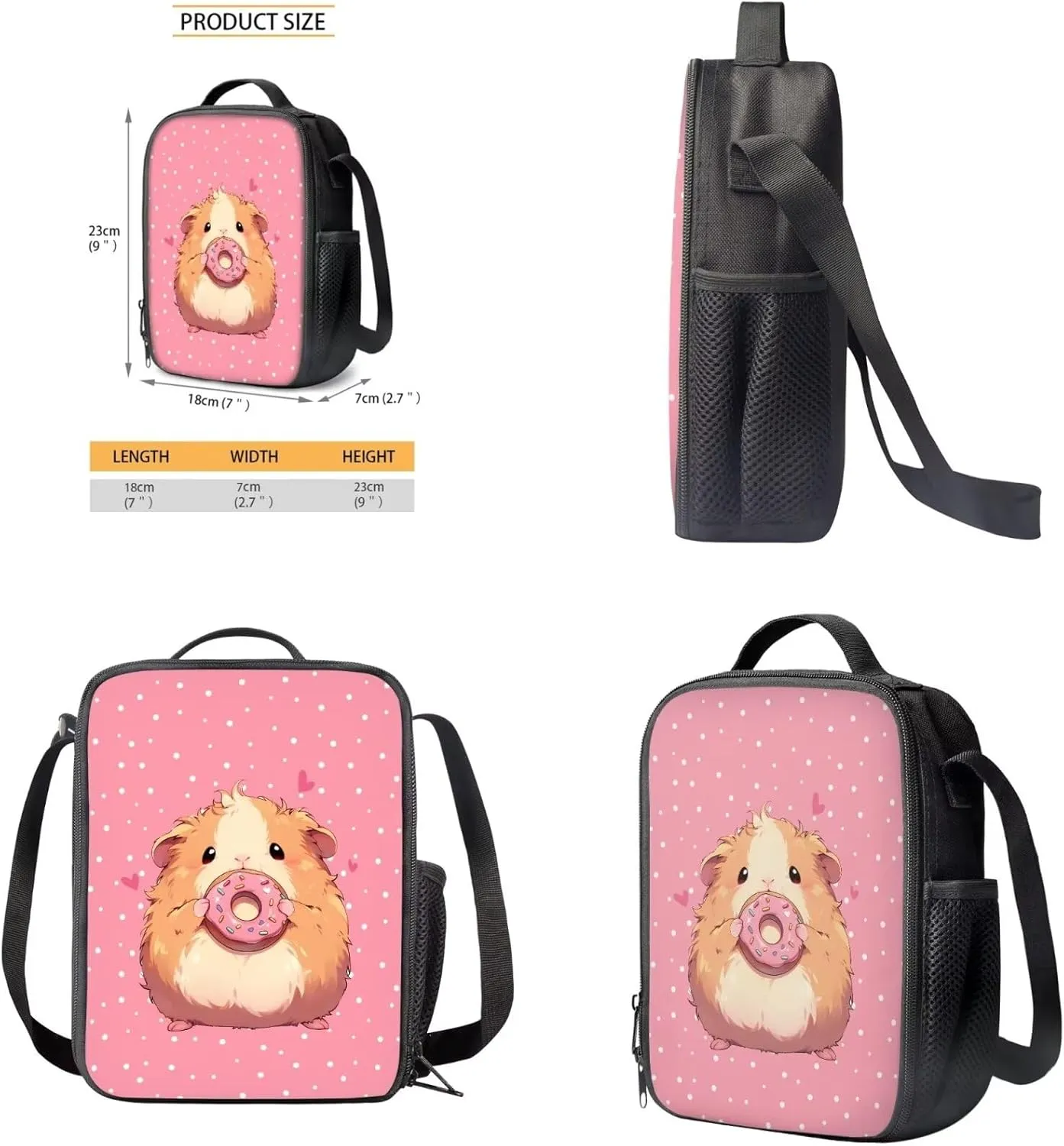 FOR U DESIGNS Guinea Pig Donuts School Backpacks for Girls with Lunchbox Kawaii Pink Kids Bookbag Set for School Lightweight 4 Piece School Bag Set 1st Grade