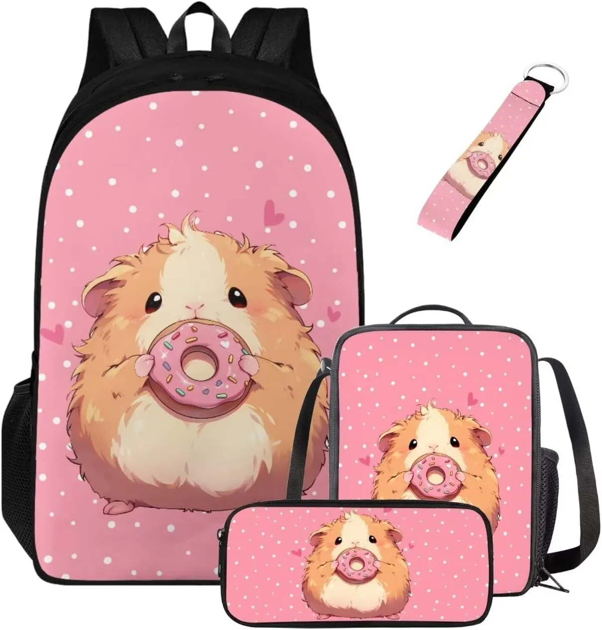 FOR U DESIGNS Guinea Pig Donuts School Backpacks for Girls with Lunchbox Kawaii Pink Kids Bookbag Set for School Lightweight 4 Piece School Bag Set 1st Grade