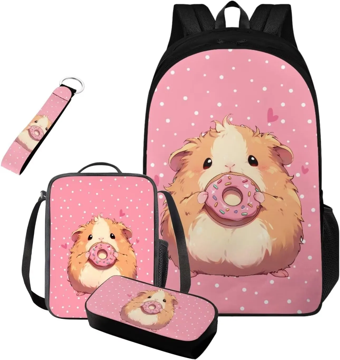 FOR U DESIGNS Guinea Pig Donuts School Backpacks for Girls with Lunchbox Kawaii Pink Kids Bookbag Set for School Lightweight 4 Piece School Bag Set 1st Grade