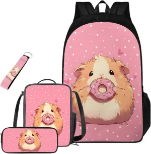 FOR U DESIGNS Guinea Pig Donuts School Backpacks for Girls with Lunchbox Kawaii Pink Kids Bookbag Set for School Lightweight 4 Piece School Bag Set 1st Grade