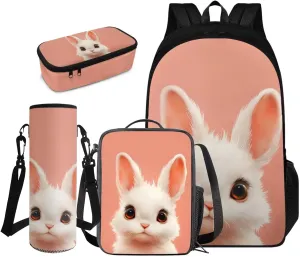 FOR U DESIGNS Kindergarten Backpack for Girls Bunny Cute Bookbag and Lunch Box Set 4 Piece Kawaii School Bag for 1st Grade Girls Book Bags for Kids 17 Inch