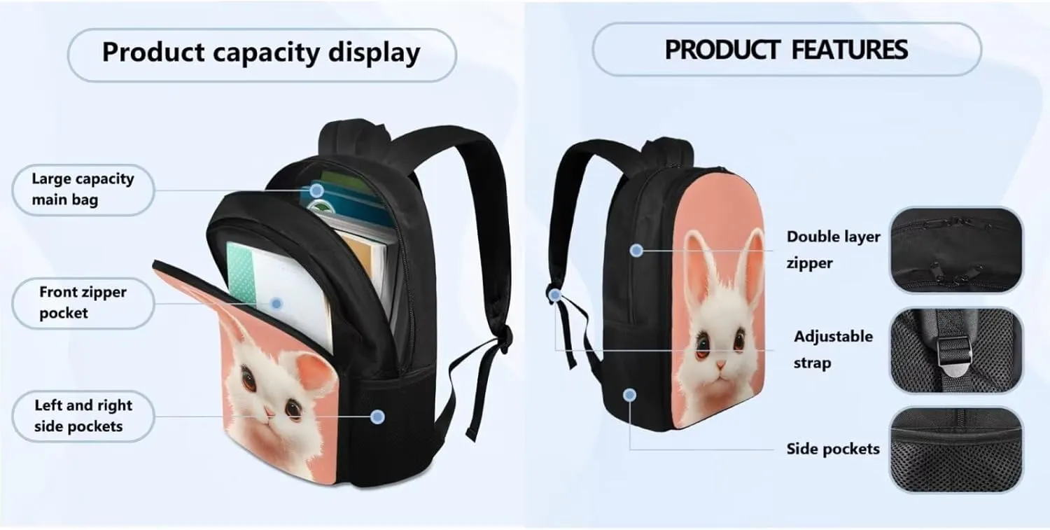 FOR U DESIGNS Kindergarten Backpack for Girls Bunny Cute Bookbag and Lunch Box Set 4 Piece Kawaii School Bag for 1st Grade Girls Book Bags for Kids 17 Inch