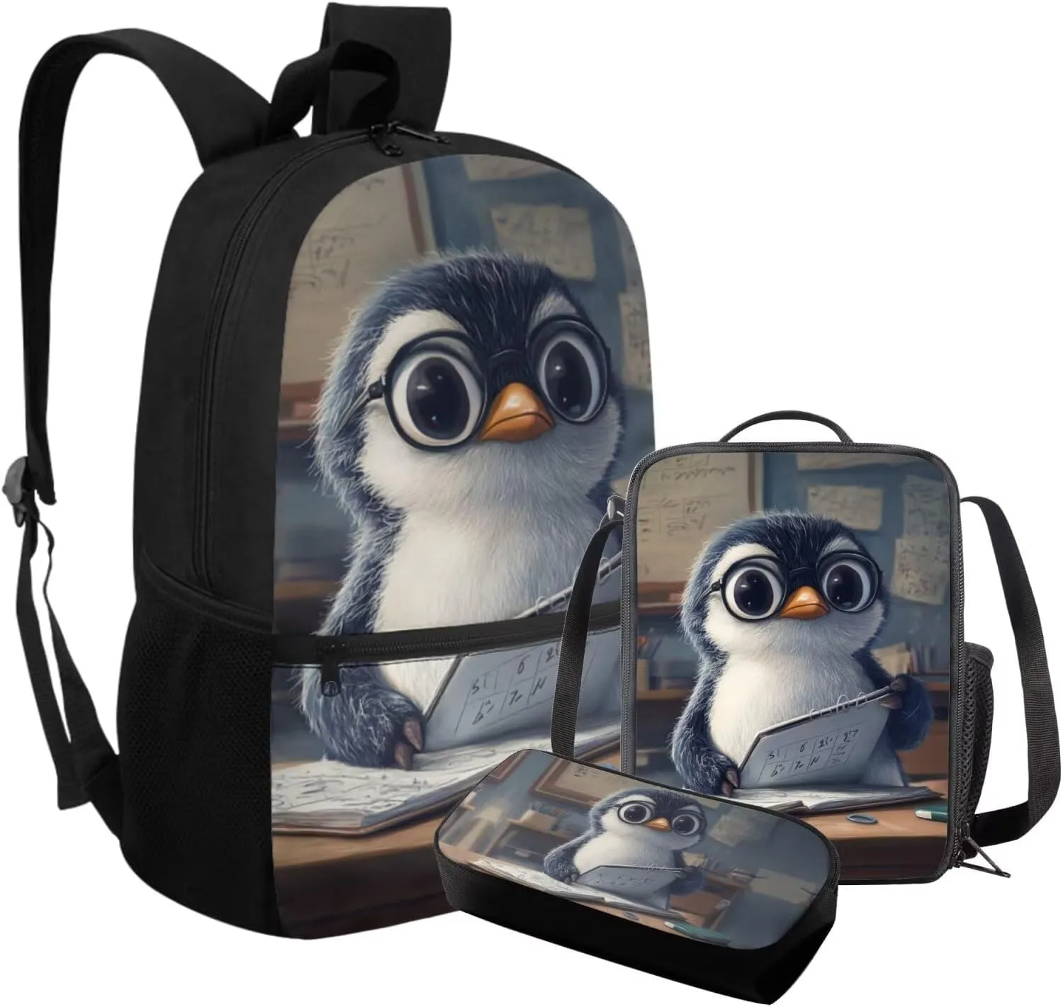 FOR U DESIGNS Penguin Lunch Box Lightweight Girls Bookbags Ages 8-10 Trendy 3 in 1 Back to School Backpack Set 1st Grade School Bag Mochilas Para Niñas