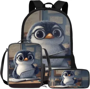 FOR U DESIGNS Penguin Lunch Box Lightweight Girls Bookbags Ages 8-10 Trendy 3 in 1 Back to School Backpack Set 1st Grade School Bag Mochilas Para Niñas