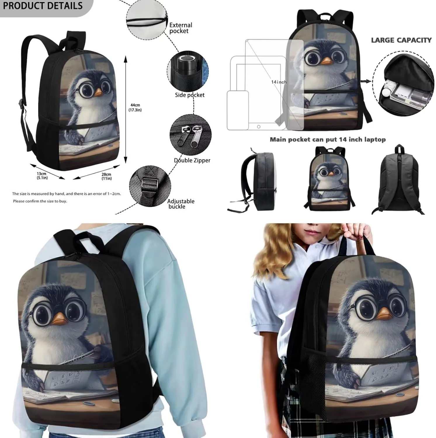 FOR U DESIGNS Penguin Lunch Box Lightweight Girls Bookbags Ages 8-10 Trendy 3 in 1 Back to School Backpack Set 1st Grade School Bag Mochilas Para Niñas
