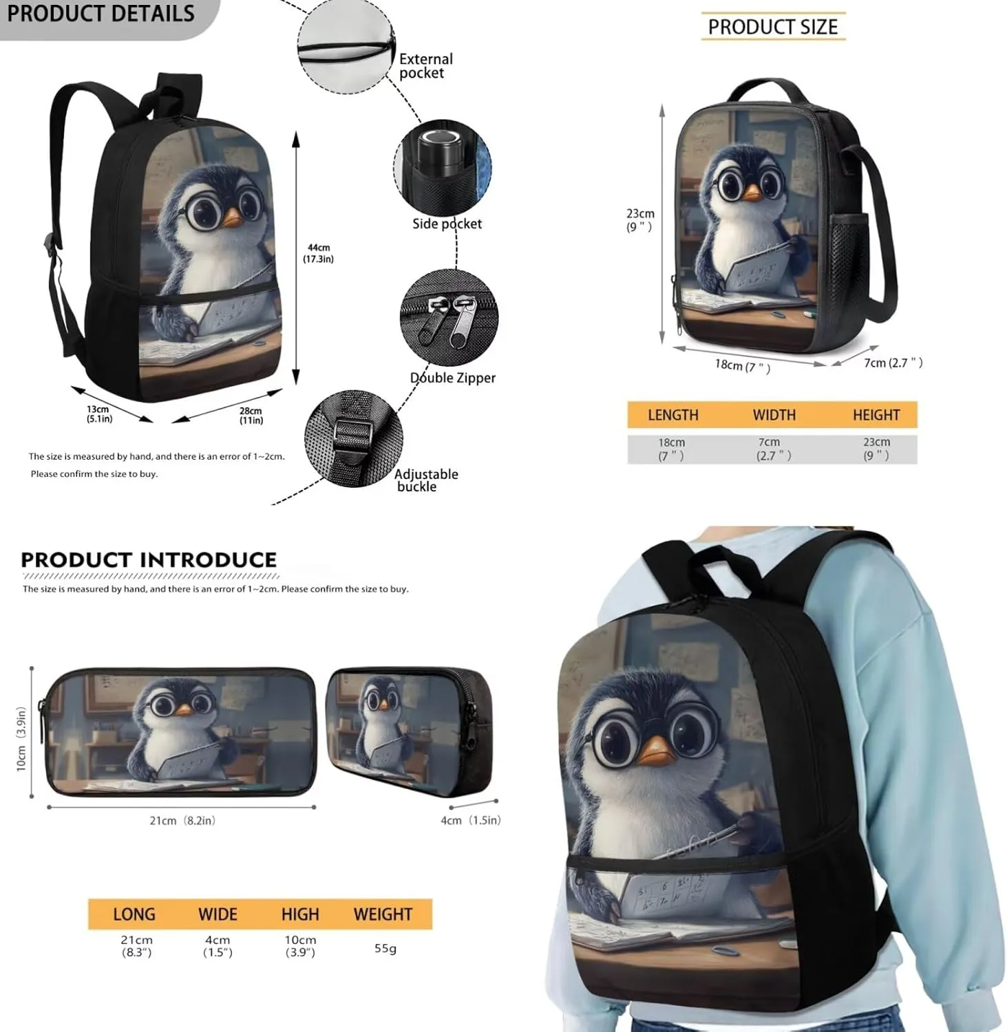 FOR U DESIGNS Penguin Lunch Box Lightweight Girls Bookbags Ages 8-10 Trendy 3 in 1 Back to School Backpack Set 1st Grade School Bag Mochilas Para Niñas