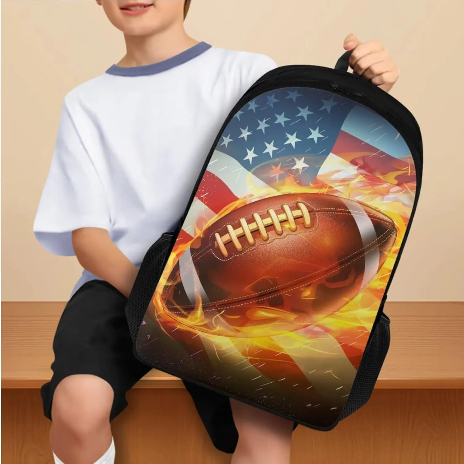 FOR U DESIGNS Rugby Backpack 17 Inch Cool School Bag for 6th Grade Boys 4 Piece American Flag Bookbag and Lunch Box Set with Adjustable Strap Football Book Bag