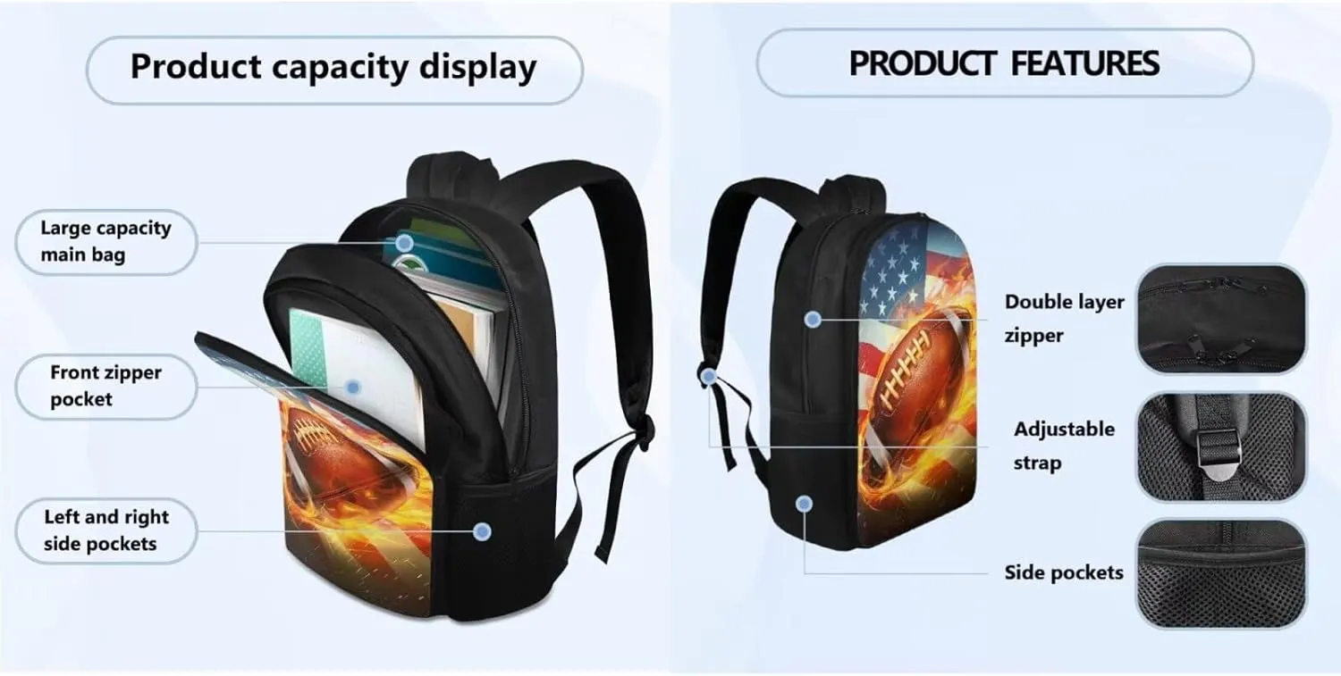 FOR U DESIGNS Rugby Backpack 17 Inch Cool School Bag for 6th Grade Boys 4 Piece American Flag Bookbag and Lunch Box Set with Adjustable Strap Football Book Bag
