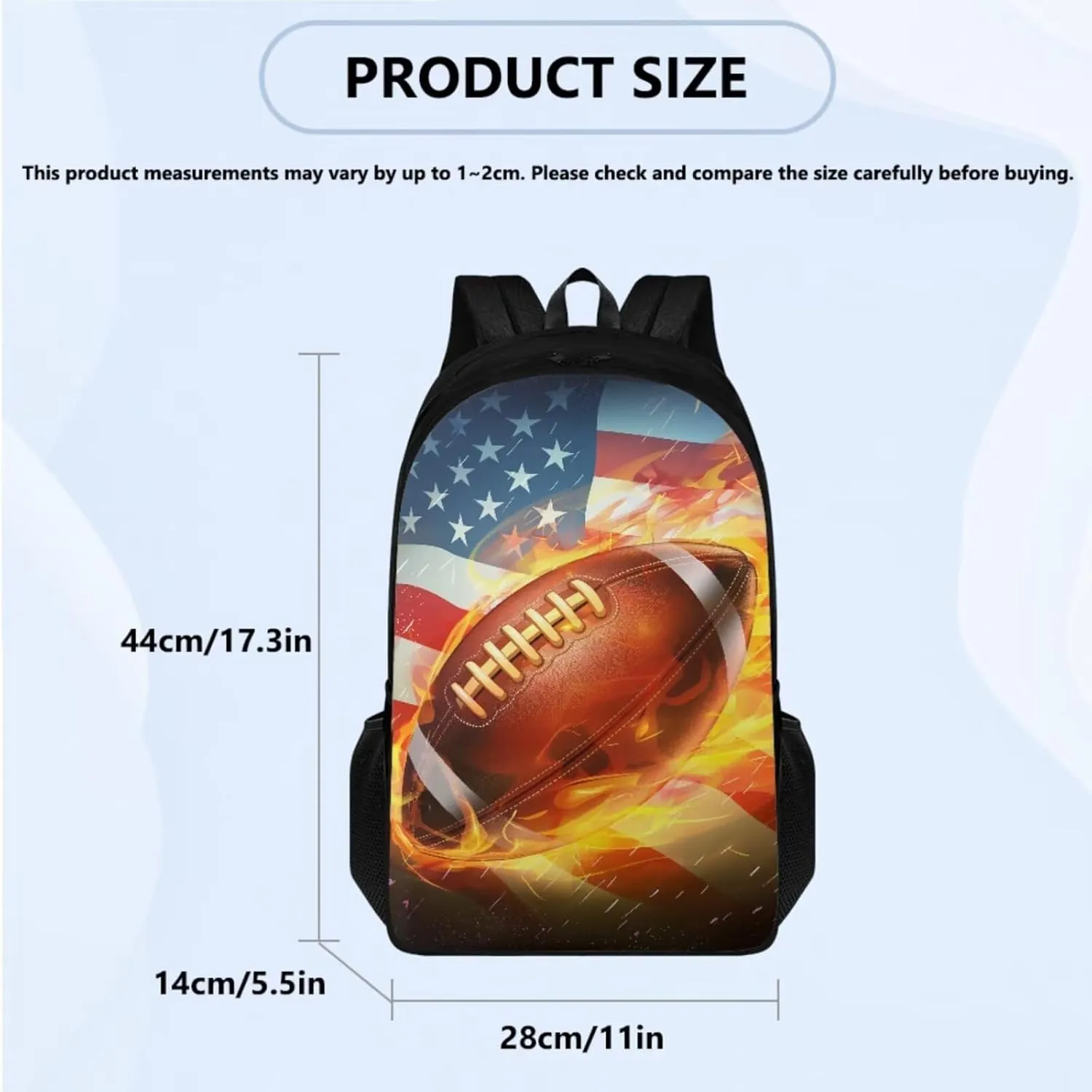 FOR U DESIGNS Rugby Backpack 17 Inch Cool School Bag for 6th Grade Boys 4 Piece American Flag Bookbag and Lunch Box Set with Adjustable Strap Football Book Bag