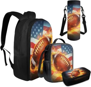 FOR U DESIGNS Rugby Backpack 17 Inch Cool School Bag for 6th Grade Boys 4 Piece American Flag Bookbag and Lunch Box Set with Adjustable Strap Football Book Bag