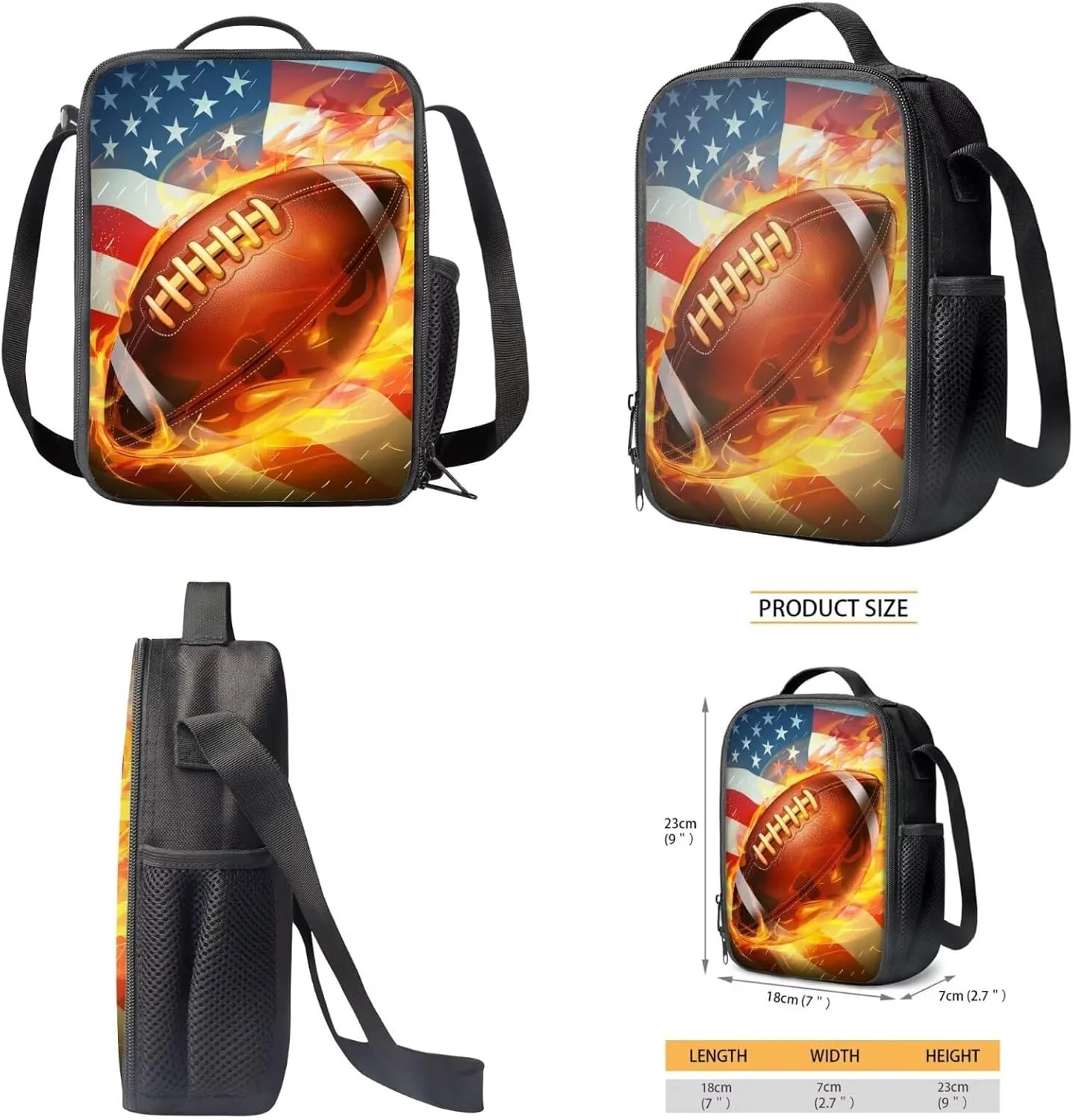 FOR U DESIGNS Rugby Backpack 17 Inch Cool School Bag for 6th Grade Boys 4 Piece American Flag Bookbag and Lunch Box Set with Adjustable Strap Football Book Bag