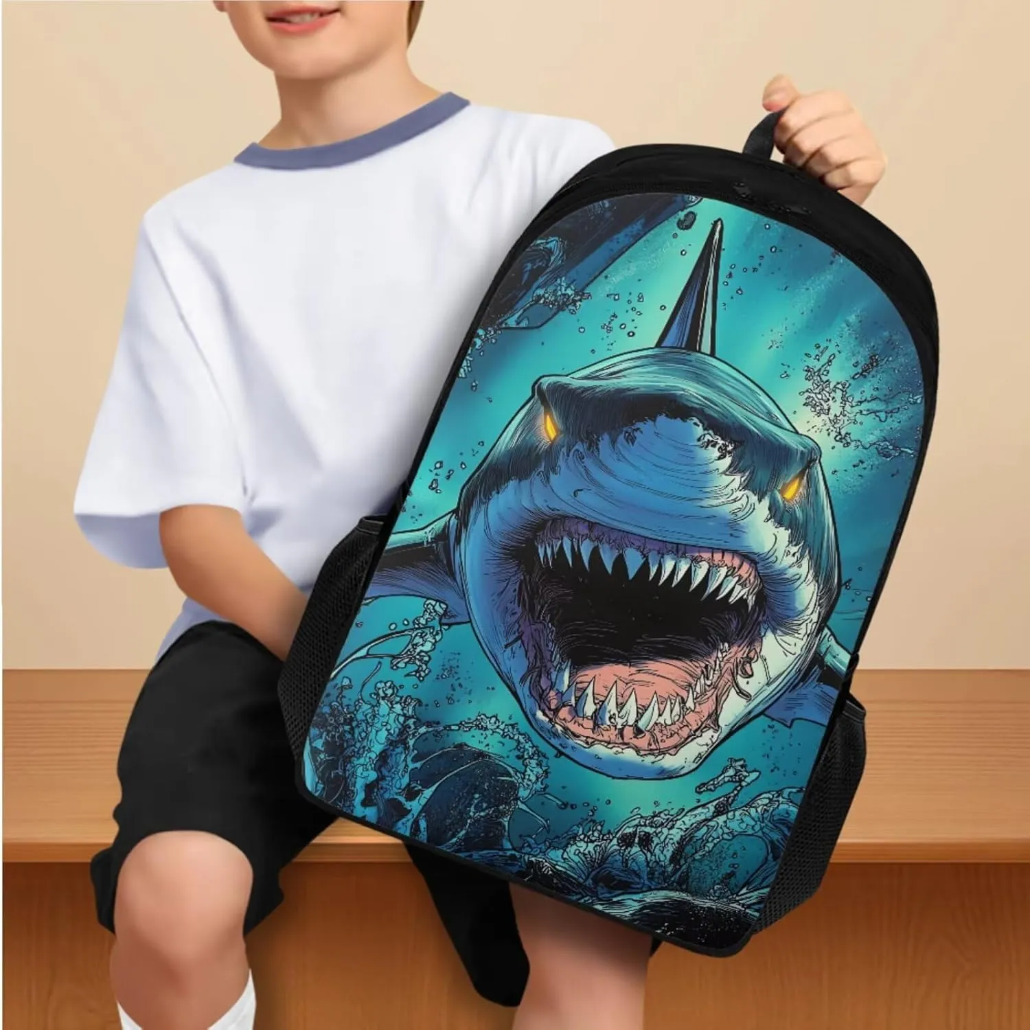 FOR U DESIGNS Shark Backpack for Boys 12-14 Large Capacity School Bookbag and Lunchbox 4 Piece School Bag Set 17 Inch Book Bag for 6th Grade Cool Travel Rucksack