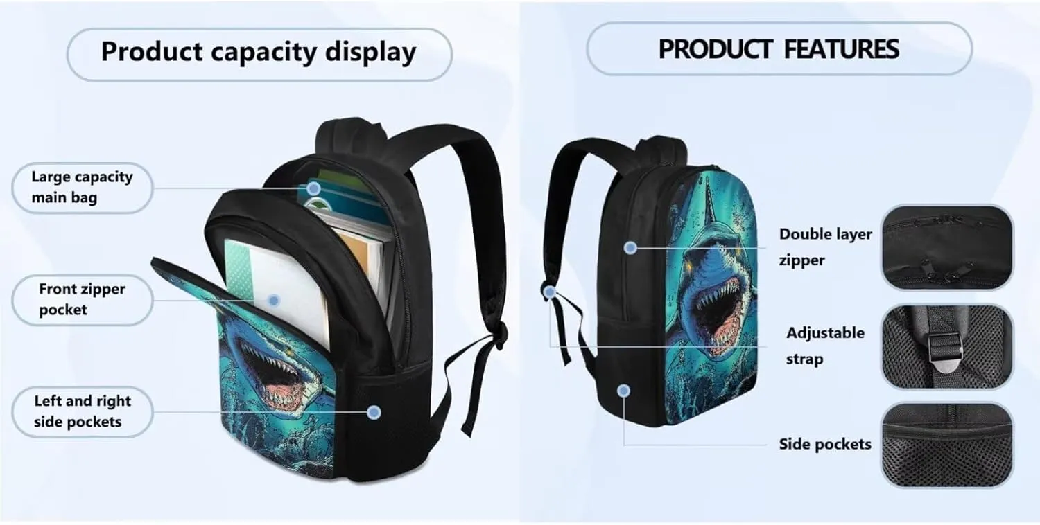 FOR U DESIGNS Shark Backpack for Boys 12-14 Large Capacity School Bookbag and Lunchbox 4 Piece School Bag Set 17 Inch Book Bag for 6th Grade Cool Travel Rucksack