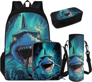 FOR U DESIGNS Shark Backpack for Boys 12-14 Large Capacity School Bookbag and Lunchbox 4 Piece School Bag Set 17 Inch Book Bag for 6th Grade Cool Travel Rucksack