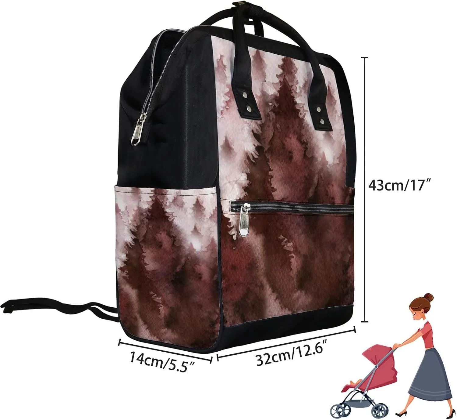 Forest Fir Trees Fog Watercolor Diaper Bag Backpack Waterproof Backpack Baby Nappy Changing Bag for Travel Large Capacity Durable and Stylish for Woman