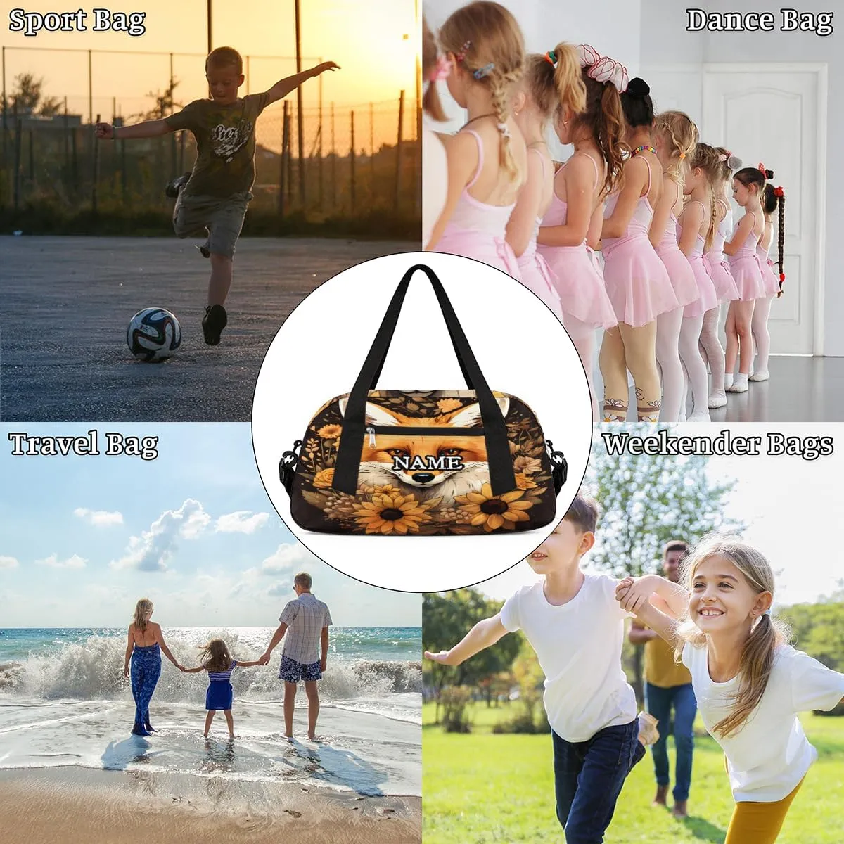 Fox Sunflower Printing Personalized Kids Duffel Bag Custom Gym Sports Duffle Bag Teen Travel Gymnastic Weekender Overnighter Bag Carry on Toe Bag for Boys & Girls