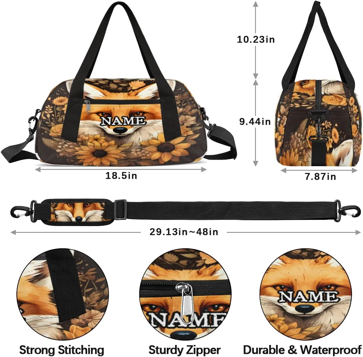 Fox Sunflower Printing Personalized Kids Duffel Bag Custom Gym Sports Duffle Bag Teen Travel Gymnastic Weekender Overnighter Bag Carry on Toe Bag for Boys & Girls