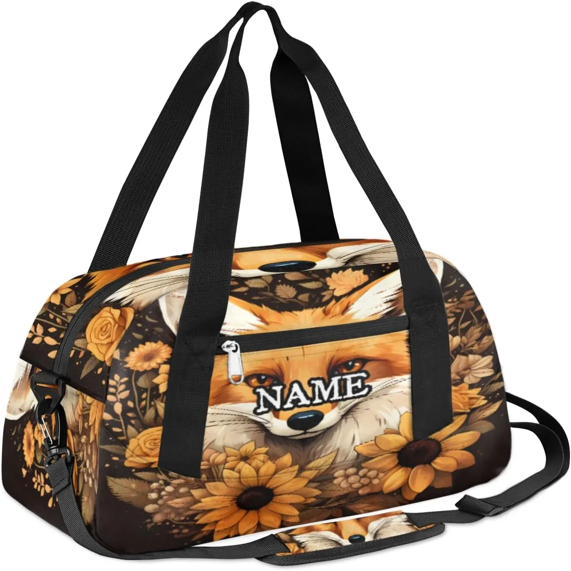 Fox Sunflower Printing Personalized Kids Duffel Bag Custom Gym Sports Duffle Bag Teen Travel Gymnastic Weekender Overnighter Bag Carry on Toe Bag for Boys & Girls