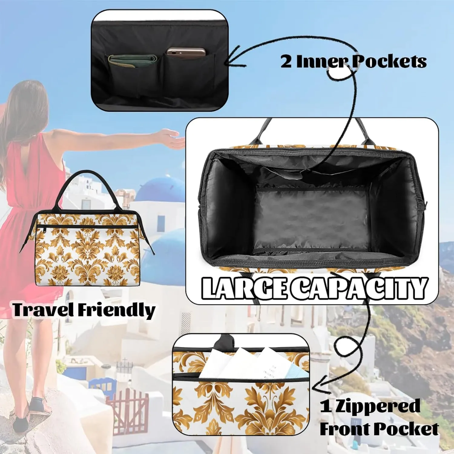 France Gold Flower Large Travel Duffel Bag Gym Tote Bag for Women Men Waterproof Weekend Overnight Bag Carry On Tote Luggage with Pocket Personal Item Bags Sports Bag fit Travel Sports Gym Yoga