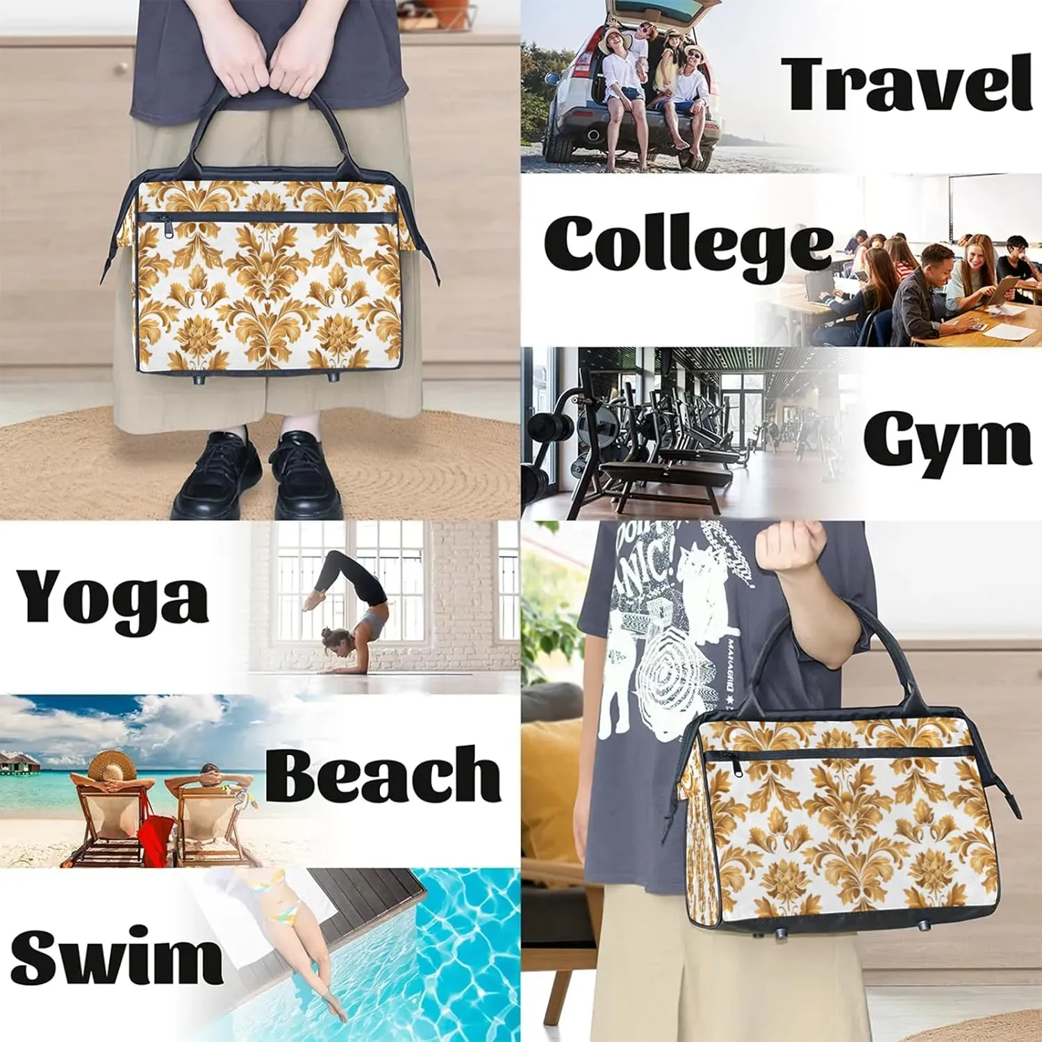 France Gold Flower Large Travel Duffel Bag Gym Tote Bag for Women Men Waterproof Weekend Overnight Bag Carry On Tote Luggage with Pocket Personal Item Bags Sports Bag fit Travel Sports Gym Yoga