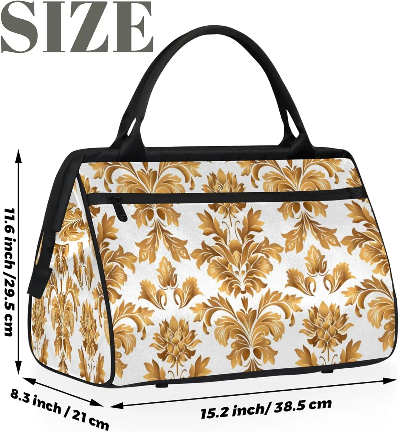 France Gold Flower Large Travel Duffel Bag Gym Tote Bag for Women Men Waterproof Weekend Overnight Bag Carry On Tote Luggage with Pocket Personal Item Bags Sports Bag fit Travel Sports Gym Yoga