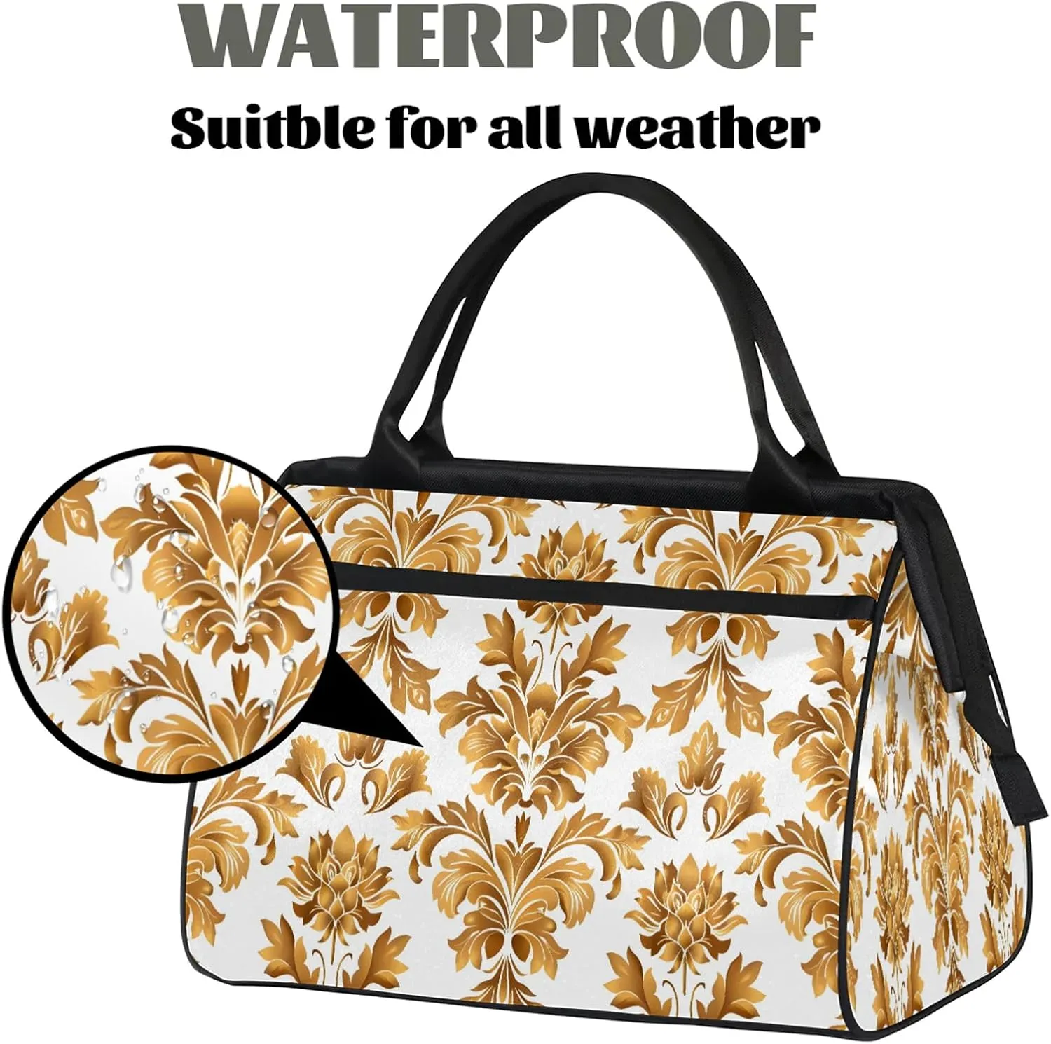 France Gold Flower Large Travel Duffel Bag Gym Tote Bag for Women Men Waterproof Weekend Overnight Bag Carry On Tote Luggage with Pocket Personal Item Bags Sports Bag fit Travel Sports Gym Yoga