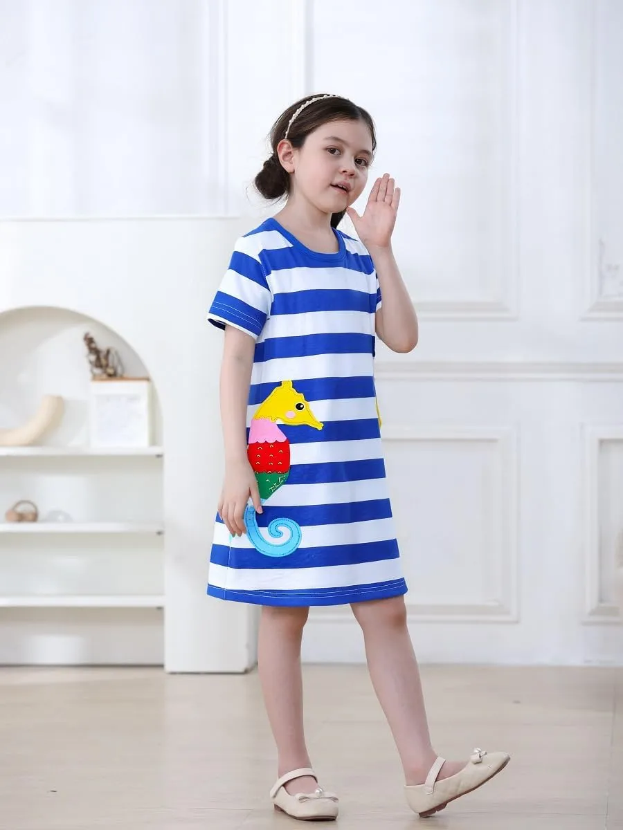 FreeLu Toddler Girls Cotton Summer Short Sleeve Dress Cartoon Print Casual Jersey Dresses