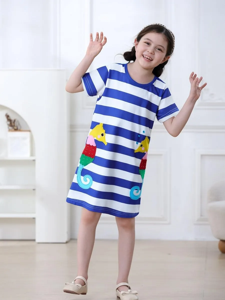 FreeLu Toddler Girls Cotton Summer Short Sleeve Dress Cartoon Print Casual Jersey Dresses