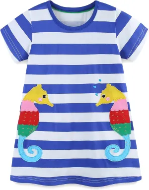 FreeLu Toddler Girls Cotton Summer Short Sleeve Dress Cartoon Print Casual Jersey Dresses