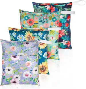 Frienda 4 Pieces Waterproof Wet Dry Bag for Baby Swimsuit Reusable Washable Diaper Bag Sealed with Handle for Travel Beach Gym Clothes and Toiletries(Flower Style)