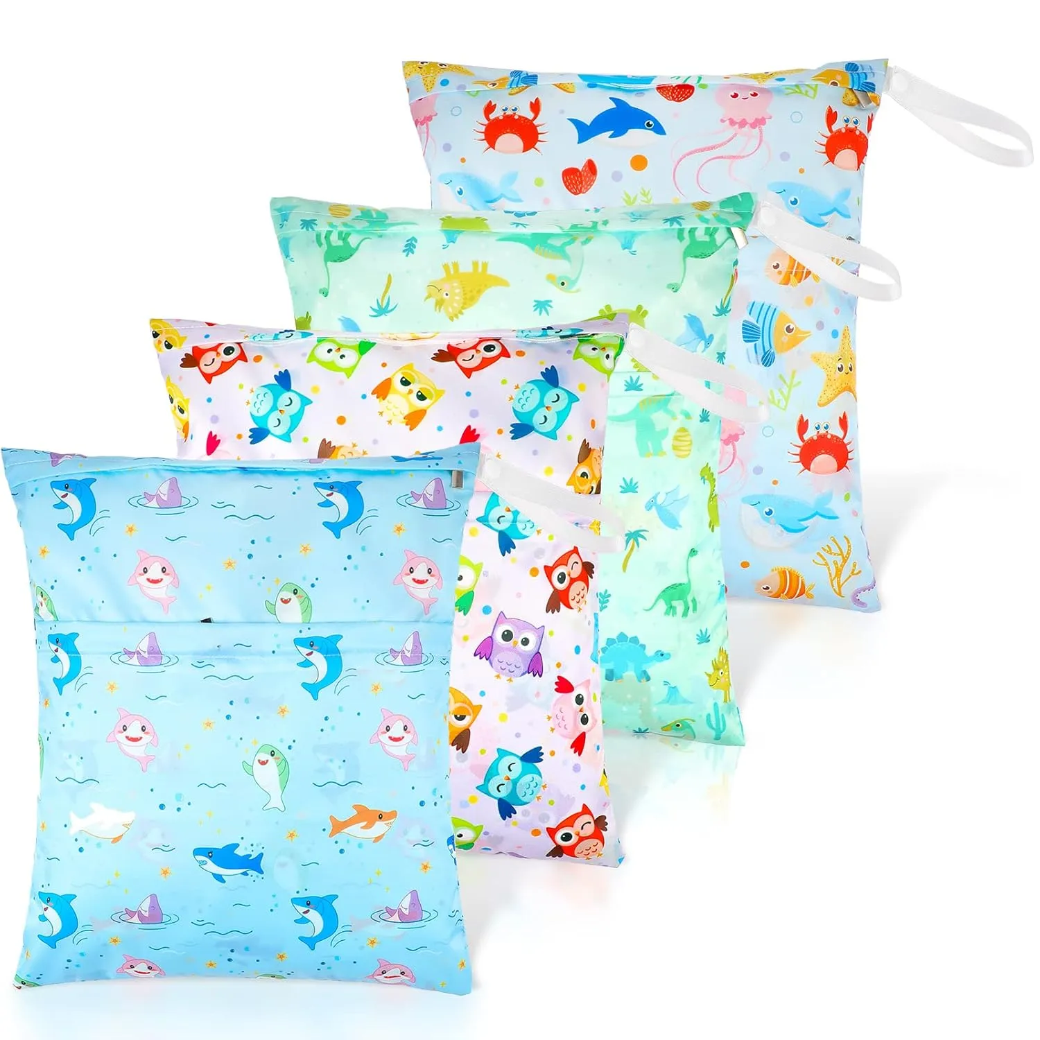 Frienda 4 Pieces Wet Dry Bag for Baby Waterproof Reusable Washable Diaper Bag Sealed with Handle for Travel, Beach, Swimsuit, Diapers, Dirty Gym Clothes and Toiletries (Animal)