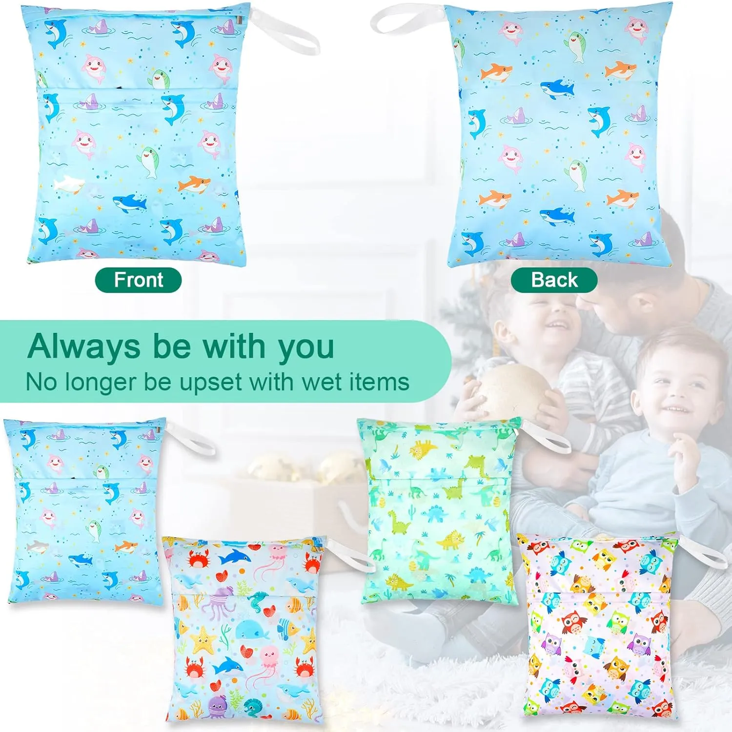Frienda 4 Pieces Wet Dry Bag for Baby Waterproof Reusable Washable Diaper Bag Sealed with Handle for Travel, Beach, Swimsuit, Diapers, Dirty Gym Clothes and Toiletries (Animal)