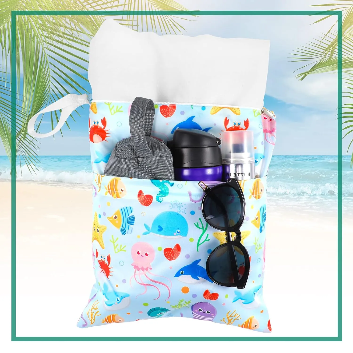 Frienda 4 Pieces Wet Dry Bag for Baby Waterproof Reusable Washable Diaper Bag Sealed with Handle for Travel, Beach, Swimsuit, Diapers, Dirty Gym Clothes and Toiletries (Animal)